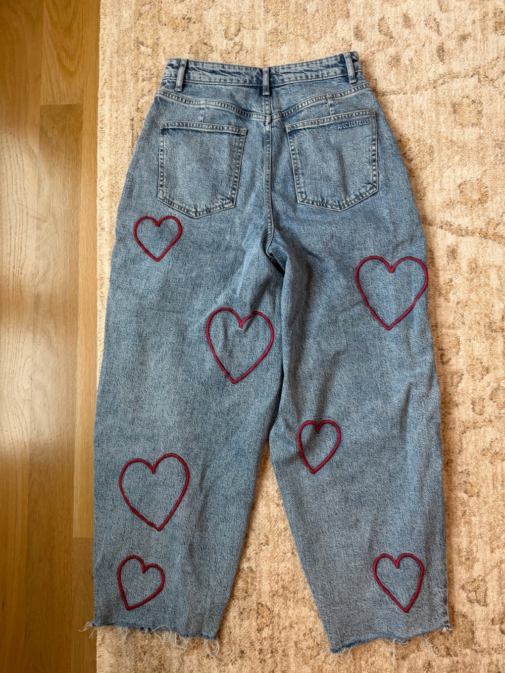 Avec Les Filles Light Blue Wide-Leg Denim Jeans with Red Heart Embroidery - Picture 7 of 7